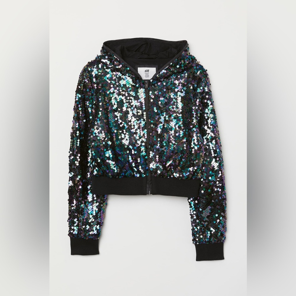H&M Girls Youth Teens Black Multi Sequined Street Fashion Hooded Jacket 12-14 XS